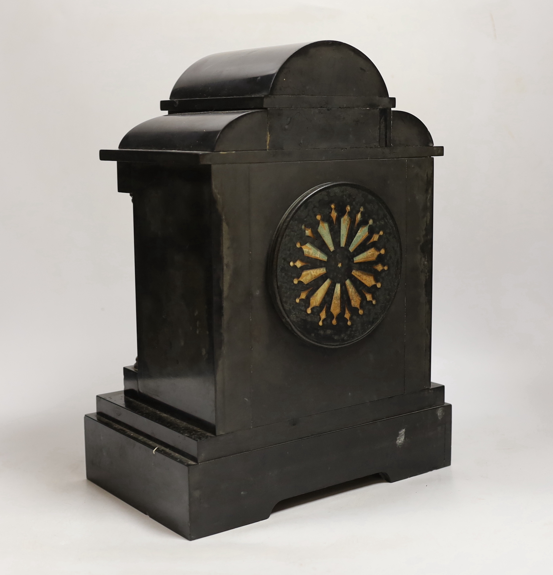 A Victorian slate mantel clock, French movement striking on a gong, dial signed Benetfink, 24cm wide